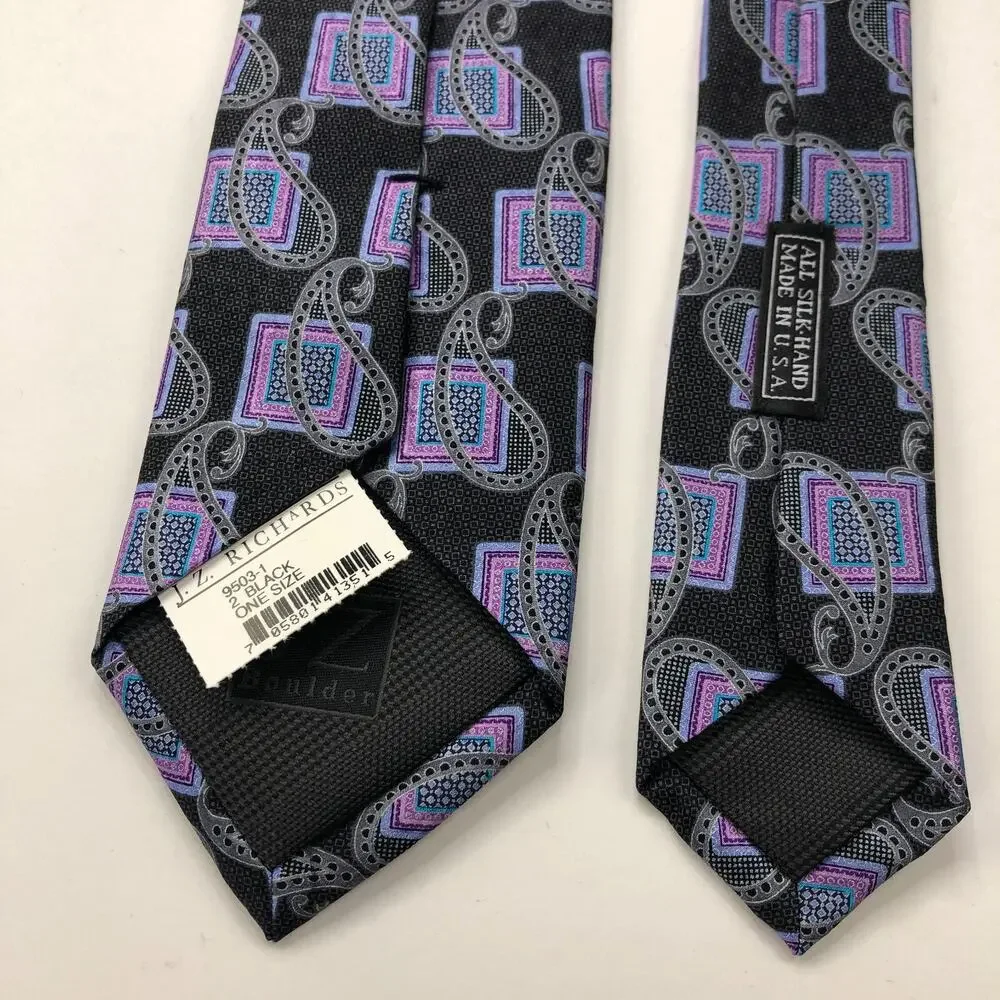 JZ Richards 100% Silk Neck Tie Men’s Geometric Paisley Black Purple 57-in X 3
